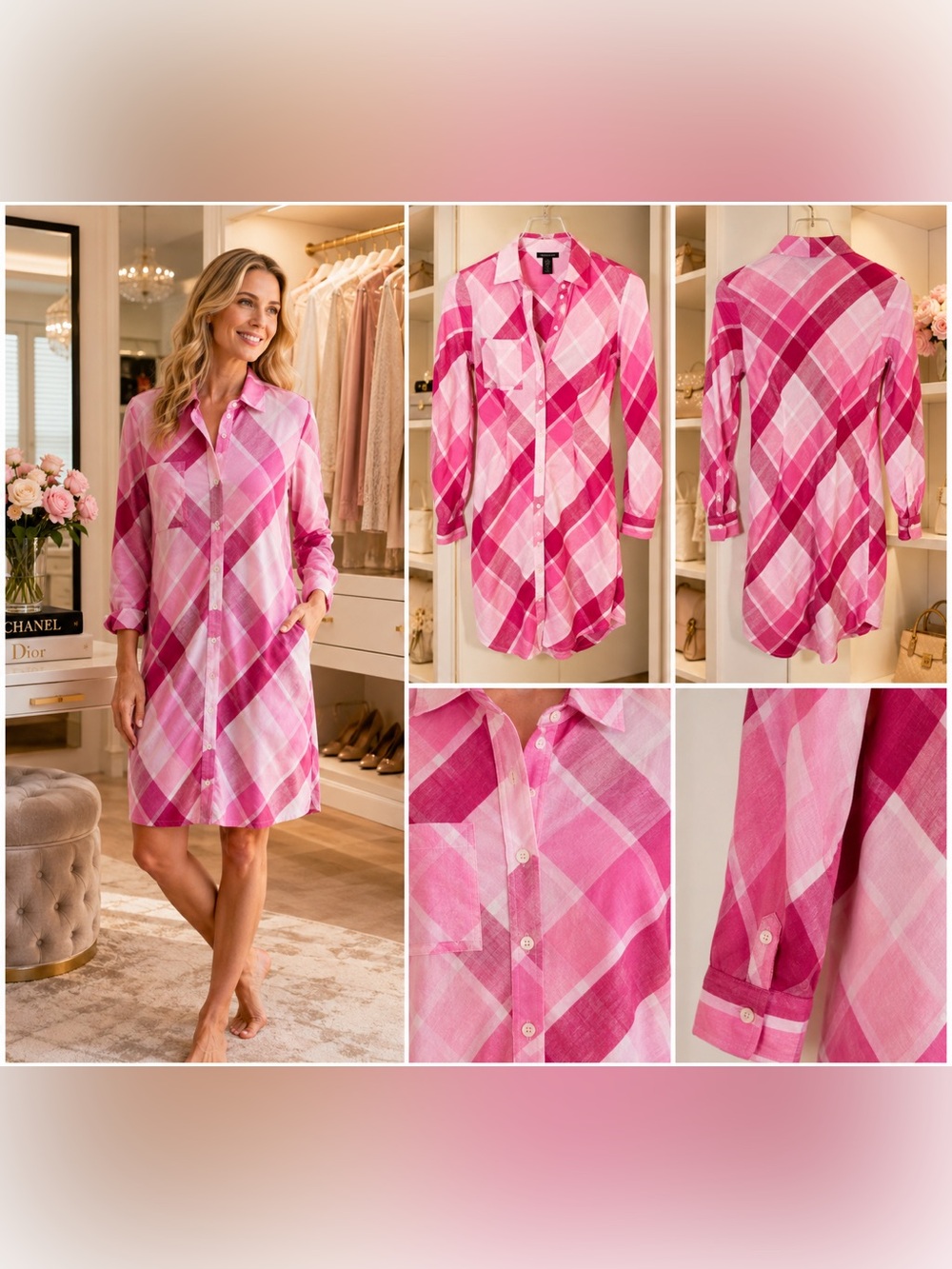 VS VTG Moda International 100% LINEN Long Dress Pink Plai